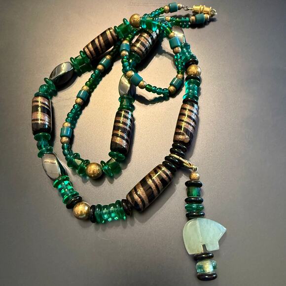 Handcrafted Jewelry - Boho Ethnic Hematite Jade Glass Beaded Pendant Necklace
